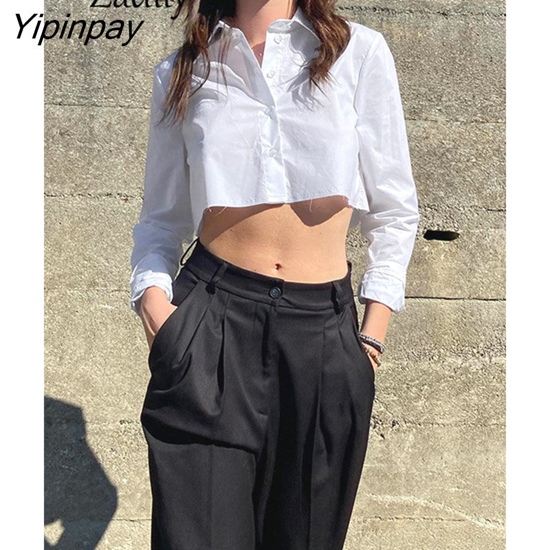 Yipinpay 2023 Spring Streetwear Long Sleeve Women Whiter Shirt Korea Style Y2K Minimalist Button Up Woman Crop Top Blouse Clothing