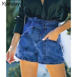 Yipinpay Dark Blue Cotton Skinny Jean Shorts With Belts Pockets Women High Waist Trousers Streetwear Drawstring Sexy Denim Shorts