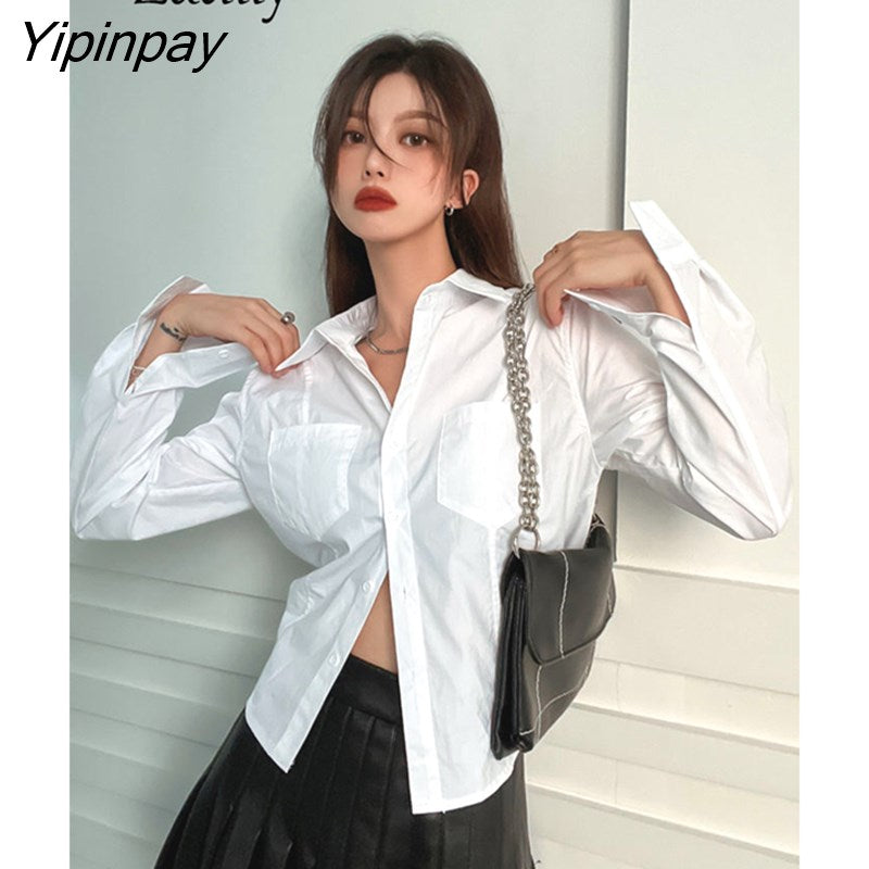 Yipinpay Spring Casual Long Sleeve Slim Women White Shirt Korea Style Pockets Button Up Short Blouse 2023 New In Female Clothing