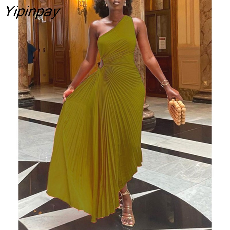 Yipinpay Hollow Out Pleated Dress Women Fashion Sleeveless Diagonal Collar A Line Dresses 2023 Summer Party Prom Evening Vestidos