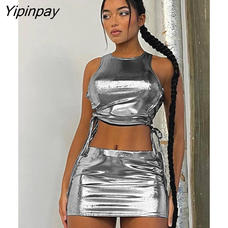Yipinpay Women Lace Up Metallic Reflection Two Piece Set Sexy Sleeveless Cropped Vest Top Mini Skirts Suits 2023 Party Clubwear Outfits
