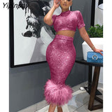 Yipinpay Women Sequins Skirt 2piece Set Female Cropped Slim Blouse Hemline Artificial Feather Bodycon Skirt Suits 2023 Sexy Streetwear 423
