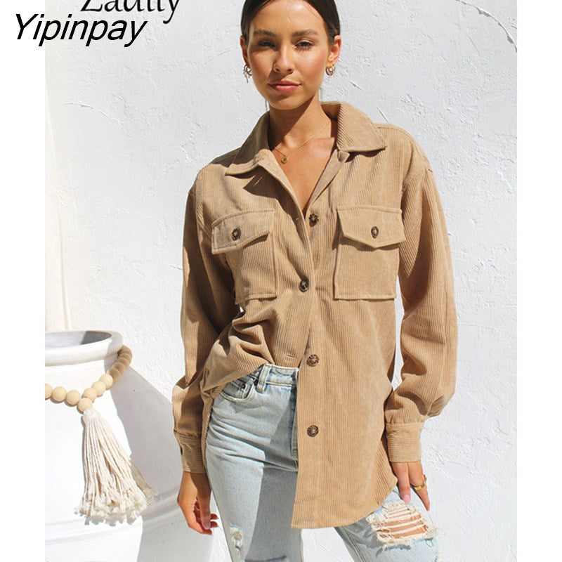 Yipinpay 2023 Winter New In Corduroy Full Sleeve Long Shirt Women Casual Thick Loose Button Up Woman Blouse Warm Clothing Coat Top