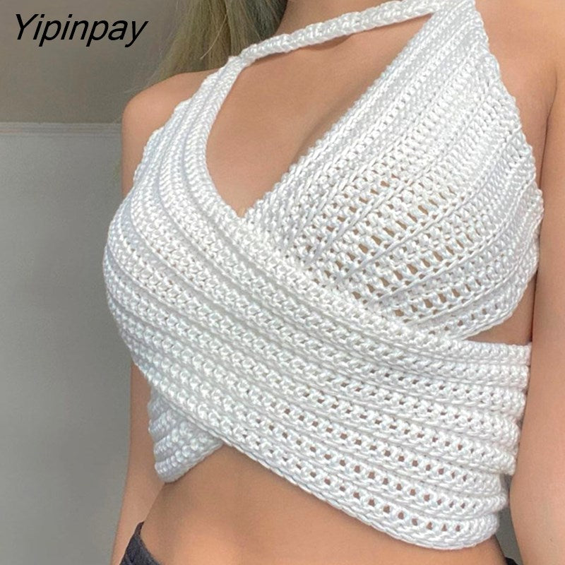 Yipinpay Sexy Bandage Knit Camis Women Short Corset Top Summer Backless Beach Tank Streetwear Drawstring Knitting Basic Crop Tops