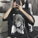 Yipinpay Hop Streetwear Harajuku Woman Black Top T-shirt Vintage Retro Japanese Style Anime Girl 2023 Summer Tee Tops Clothes