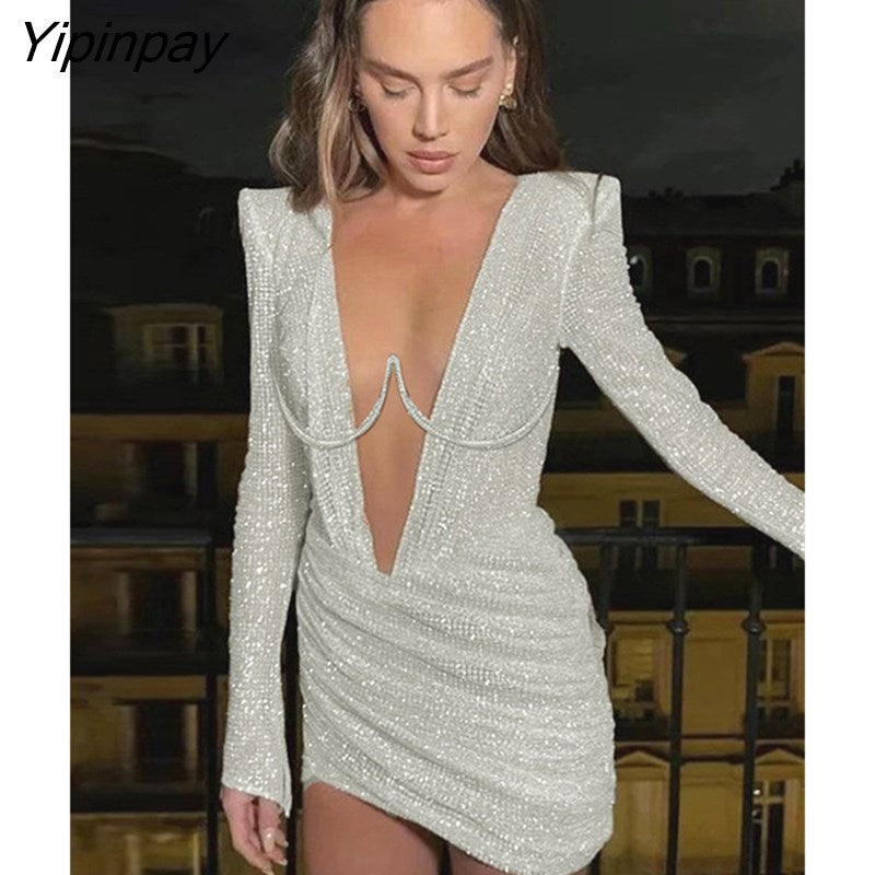 Yipinpay Sequin Pleats Shoulder Pads Women Dress Sexy Long Sleeve Low Cut Mini Dresses Ladies Autumn Evening Party Club Robe