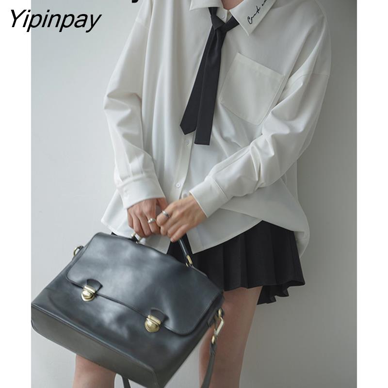 Yipinpay 2023 Spring Minimalist Long Sleeve Embroidery Shirt Women Korean Style Solid Tie Oversize Shirts Blouse Loose JK Tops