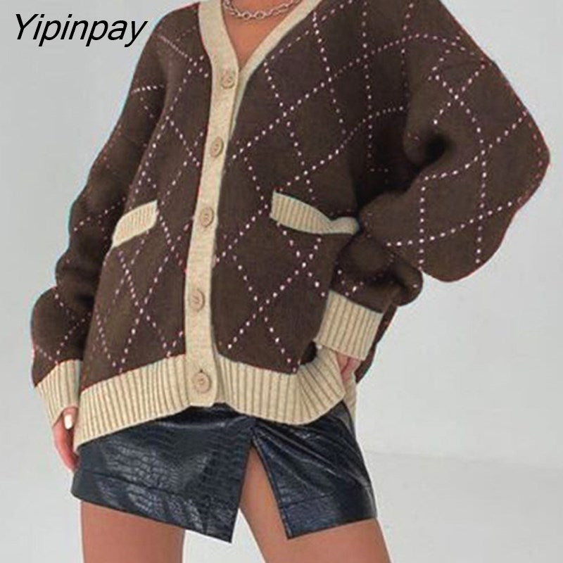 Yipinpay Block Plaid Knit Sweater Sexy Button Up Cardigan Long Sleeve Loose Tops V Neck With Pockets Streetwear Baggy Sweater Coats