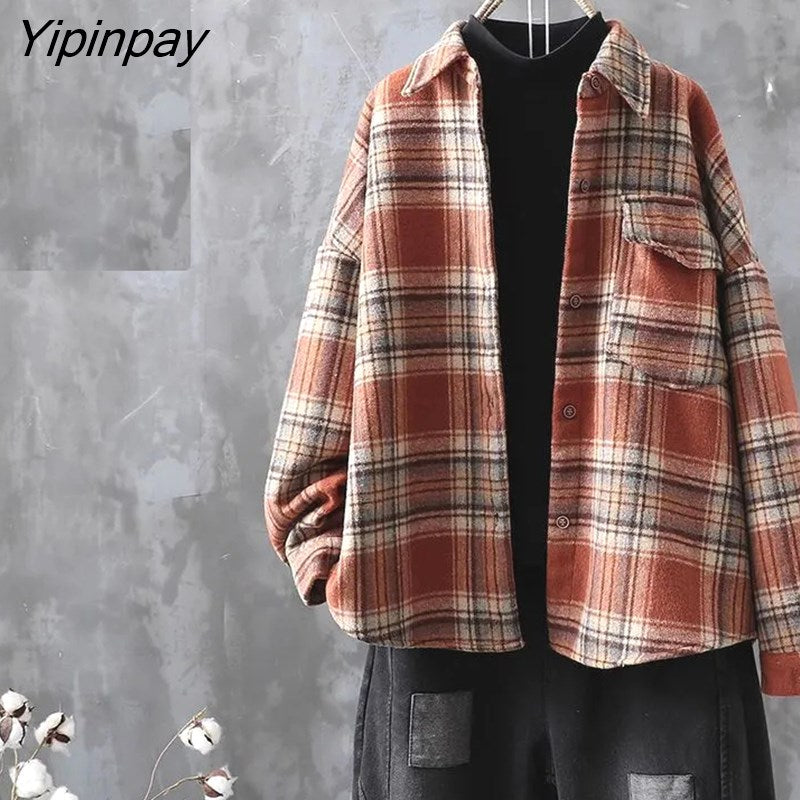 Yipinpay 2023 Winter Korean Style Long Sleeve Plaid Wool Liner Shirt Women Casual Button Up Loose Thick Ladies Tunic Blouse Tops