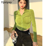 Yipinpay 2023 Spring Sexy Slim Long Sleeve Folds Women Shirt Korea Style Button Up Solid Woman Crop Tops Blouse Female Clothing