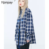 Yipinpay 2023 Autumn Oversize Full Sleeve Plaid Long Shirt Women Streetwear Button Up Letter Print Female Tunic Blouse Clothing