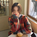 Yipinpay Winter Vintage Knit Female Pullovers Oversize Long Sleeve Patchwork Women Sweater Korean Loose Woman Sweaters Clothing