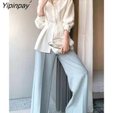 Yipinpay 2023 Autumn Korean style Long Sleeve Folds White Shirt Women Office Lady Slim Wist Button Up Tunic Blouse Female Tops