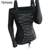 Yipinpay Women Casual T Shirts Cold Shoulder Lace-Up Front Ribbed T-Shirt Solid Color Long Sleeve Female Fashion Tops Tee