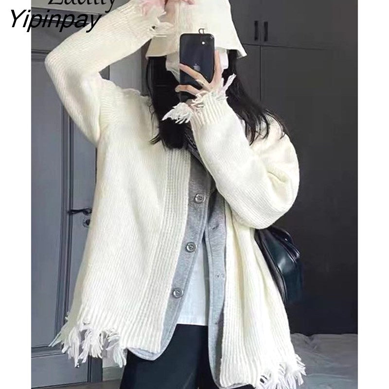 Yipinpay 2023 Winter Streetwear Frayed Long Sleeve Knit Cardigan Women Korean Style Patchwork Fake Two Pieces Ladies Sweater Coat