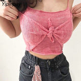 Yipinpay Sexy Drawstring Knitted Short Camis Women Corset Crop Top Summer Camis Streetwear Basic Vest Green Knitting Bodycon Tops