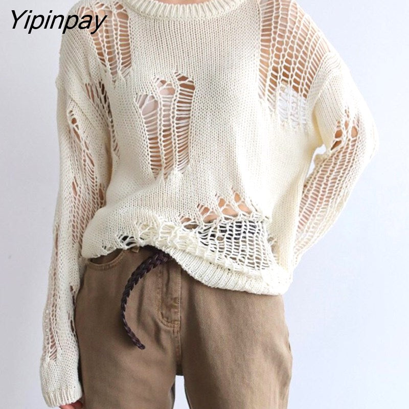 Yipinpay 2023 Autumn Long Sleeve Sweater Women Streetwear Hollow Out Loose O-Neck Ladies Knit Pullover Winter Female Clothing Tops