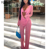 Yipinpay Woman Sexy Strapless Mesh Backless Trousers Suit Lady Perspective Breathable Long Sleeve Lace Up Casual Draped Pants Suit