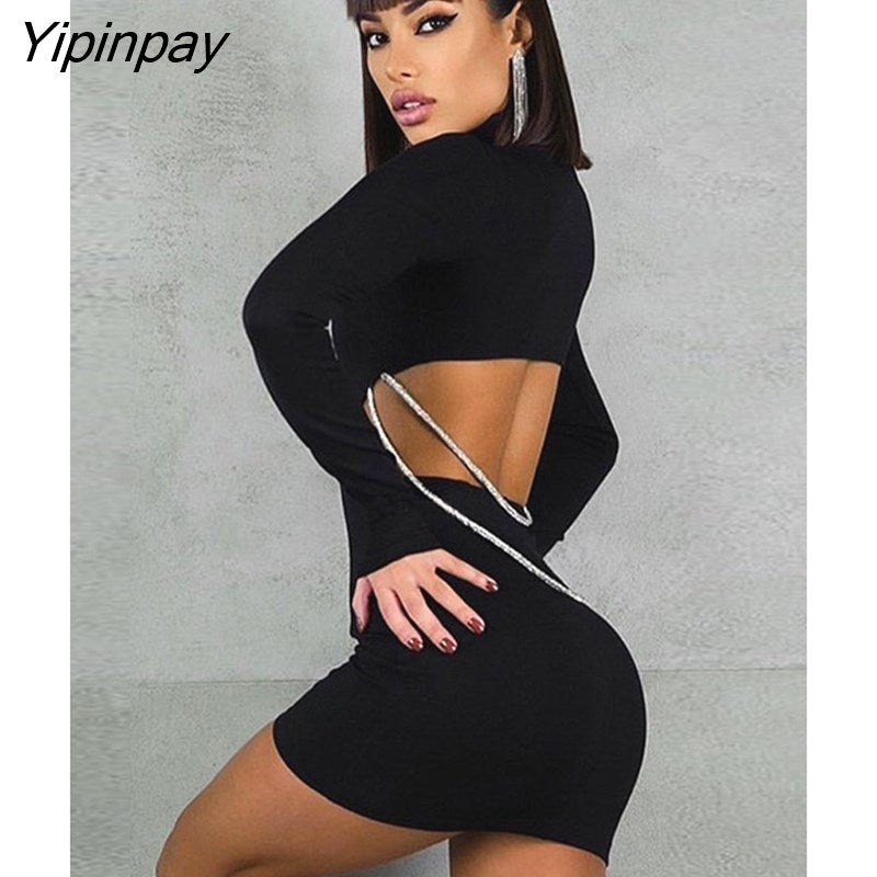 Yipinpay Women Long Sleeve Bodycon Hollow Out Mini Dress Solid Sexy Backless Slim High Neck Dress 2023 Autumn Party Club Christmas Dress