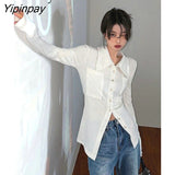 Yipinpay 2023 Summer Minimalist Style Pocket White Shirt Women Slim Long Sleeve Chiffon Ladies Blouse Casual Button Tops Blouse