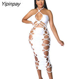 Yipinpay Solid Roped Sleeveless Hollow Lace Up Dress Women Pleated Halter Skinny Skirts Female Summer Backless Bodycon Smocked Skirt