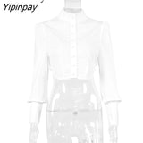 Yipinpay 2023 Spring Vintage Long Sleeve Women White Shirt Sexy Stand Neck Button Up Woman Crop Tops Blouse Party Female Clothing