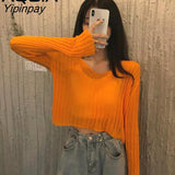 Yipinpay Spring Sexy Solid Color thin Women Sweater Long Sleeve Loose Transparent Short Womens Sweaters INS V Neck Female Pullovers