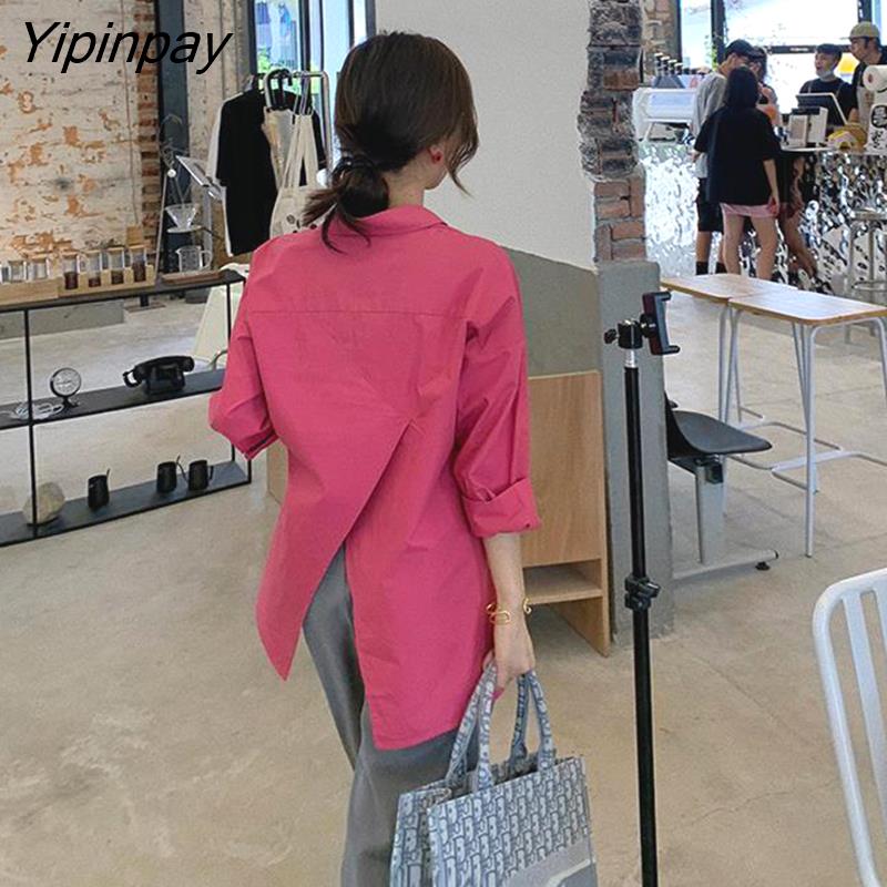 Yipinpay Spring Street Style Solid Color Women Blouse Tunic Shirt Long Sleeve Button irregular Ladies Shirts Oversize Female Tops