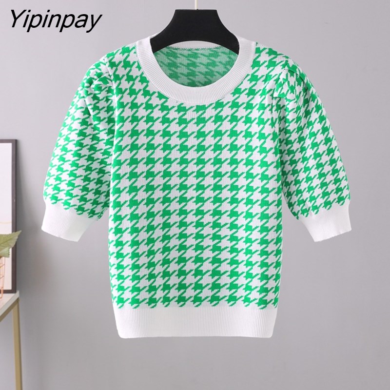 Yipinpay Print Knit T Shirts Ribbed Crop Top Women Pullovers 2023 Summer Basic Tees Streetwear Short Tshirt Sexy Bodycon Tops