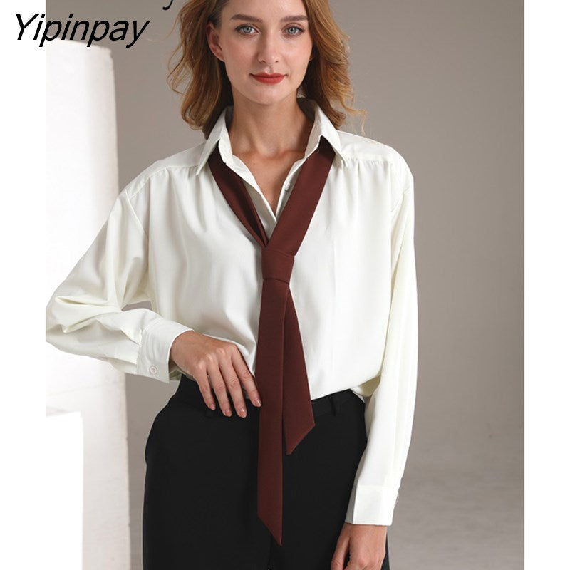 Yipinpay 2023 Spring Office Lady Long Sleeve Folds Women Basic Shirt Minimalist Tie Button Up Loose Woman Tunic Blouse Clothing