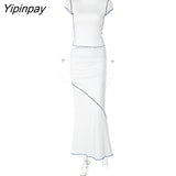 Yipinpay Slim Skirt Set Women Turtleneck Short Sleeve Tops And Maxi Skirt 2 Piece Suits Summer Casual Bodycon Vest Set Streetwear