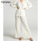 Yipinpay Shirt Suits Pleated Notched Single-Breasted Female Cardigan Two-Piece Loose Shirts and High-Waist Wide-Leg Pants Sets