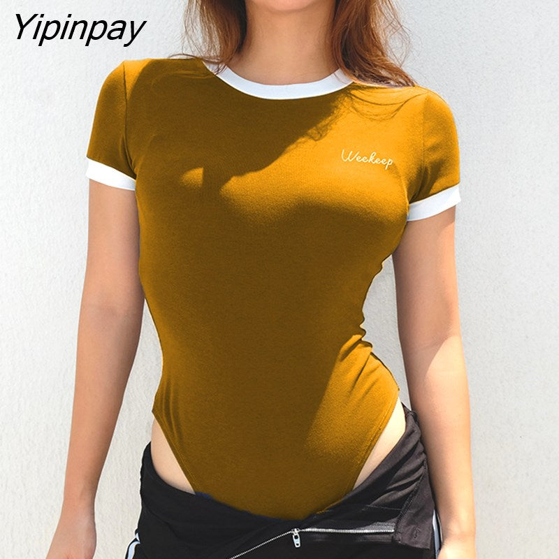 Yipinpay Sumemr Sexy Cotton Short Sleeve Bodysuit Women Letter Embroidery Contrast Color Ladies Rompers Y2K Fashion Female Jumpsuit