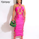 Yipinpay Solid Roped Sleeveless Hollow Lace Up Dress Women Pleated Halter Skinny Skirts Female Summer Backless Bodycon Smocked Skirt