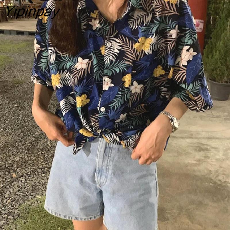 Yipinpay Floral print Women Blouse Loose Short Sleeve Oversize Ladies Shirt 2023 Summer Female Blouses Fashion Button Up Shirts