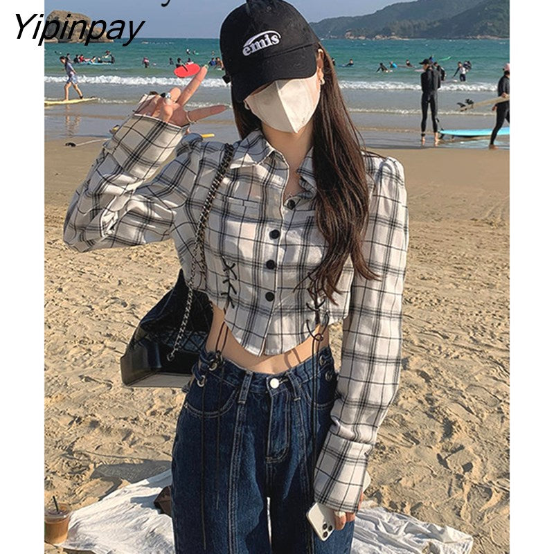 Yipinpay 2023 Autumn Street Style Long Sleeve Plaid Shirt Women Y2K Button Up Bandage Ladies Crop Tops Female Sexy Blouse Clothing