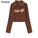 Yipinpay Women T-Shirts Crop Top Sexy 90s Letter Polo Graphic Tees Korean Fashion Harajuku Long Sleeve Tops Streetwear Aesthetic Clothing