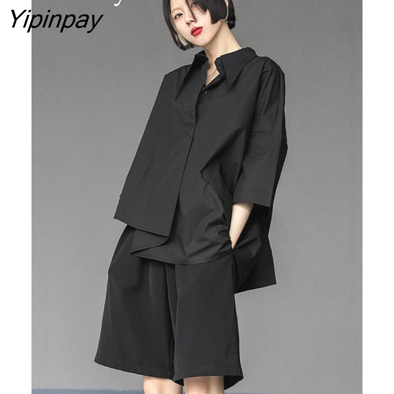 Yipinpay 2023 Summer New Half Sleeve Oversize Gothic Shirt Women Y2K Asymmetrical Black Button Ladies Blouse Street Clothing Tops