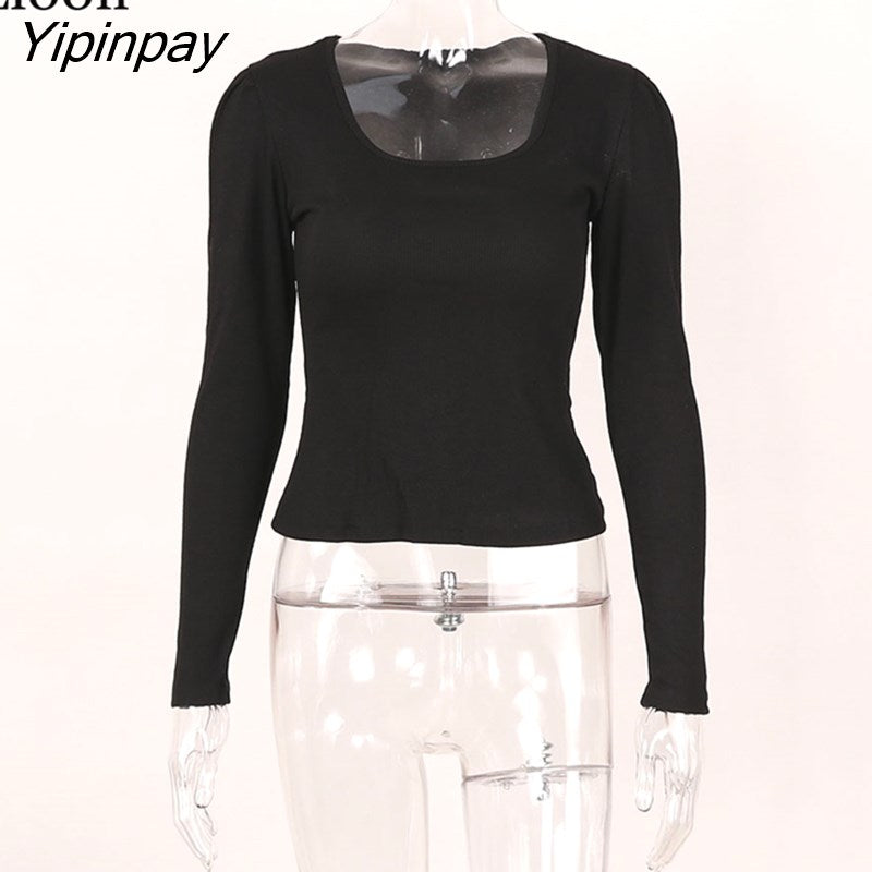Yipinpay Sexy Short T Shirt Knit Tight Tops For Women Spring 2023 Long Sleeve O Neck Streetwear Bodycon T Shirts Knitted Crop Tops