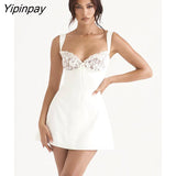 Yipinpay Women Lace Splicing Spaghetti Strap Dress Sexy Elegant Backless Strapless Solid Mini A-line Dresses 2023 Summer Club Party Robe