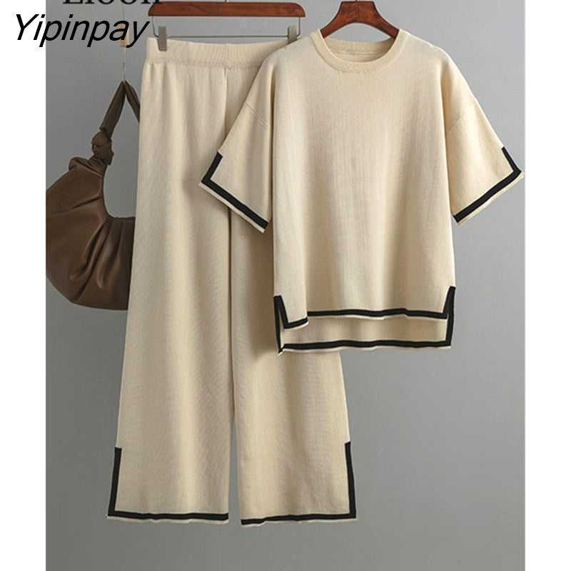 Yipinpay Knit Two Piece Summer Set Women Baggy Slit Tops And Wide Leg Pants High Waist Color Block Knitwear 2PCS Outfits Sets