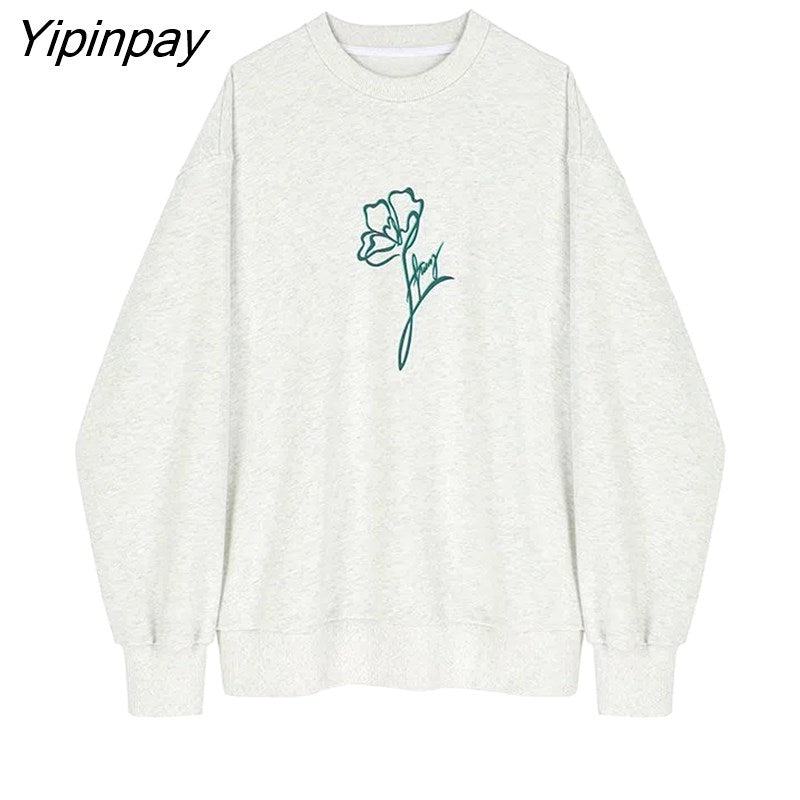 Yipinpay 2023 Winter Minimalist Floral Print Women Sweatshirt Korean Style Oversize O Neck Long Sleeve Ladies Hoodies Female Tops