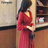 Yipinpay Spring Vintage Glitter Long Maxi Dress Women High Waist Long Sleeve Elegant Boho Women Dresses Plus Size Shiny Party Dress