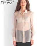 Yipinpay 2023 Spring Elegant Long Sleeve Sheer Women Basic Shirt Office Lady Loose Button Up Woman Tunic Blouse Work Clothing Top