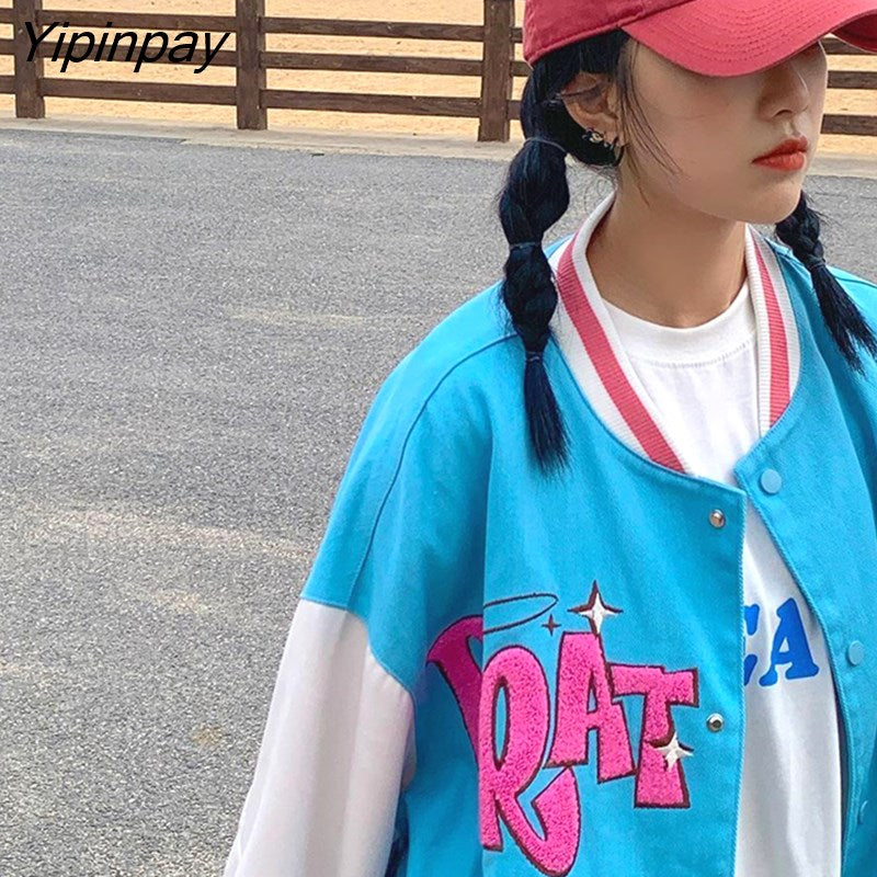 Yipinpay Womens Coats and  Y2K Jackets High Street Hip Hop Baseball Uniforms Street Casual Coat Loose Stitching Jacket Tops BRATZ Summer