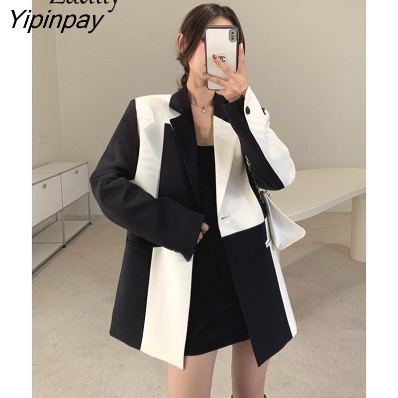 Yipinpay 2023 Autum Oversize Full Sleeve Women Long Blazer Office Lady black white Patchwork Suit Blazer Work Female Clothing Coat