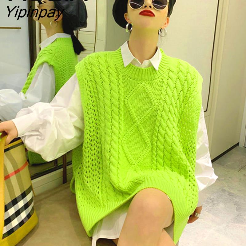 Yipinpay Loose Fluorescent Green Women Sweaters Korea Oversize Knit Woman Sweater Vest 2023 Winter Plus Size Pullover Clothing