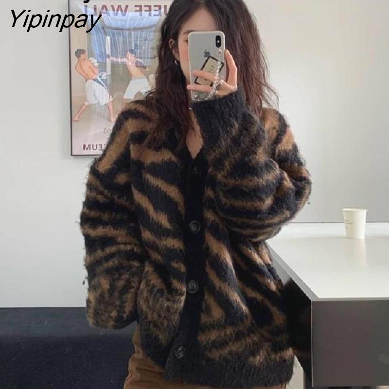 Yipinpay 2023 Autumn Street Style Zebra pattern Knit Women's Sweater Y2K Button Up Loose Long Sleeve Cardigan Coat Winter Outwear