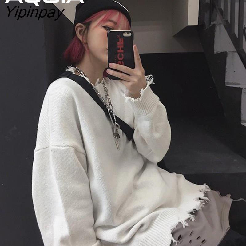 Yipinpay Spring Streetwear Ripped Hole Women Knitted Sweaters Pullovers Long Sleeve Solid Color Loose Plus Size Sweater Women Tops