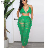 Yipinpay Summer Tassel Feather Women 2 Sets Sexy V Neck Bra Top And Hollow Out Pants Set Female Fashion Beach Party Outfits